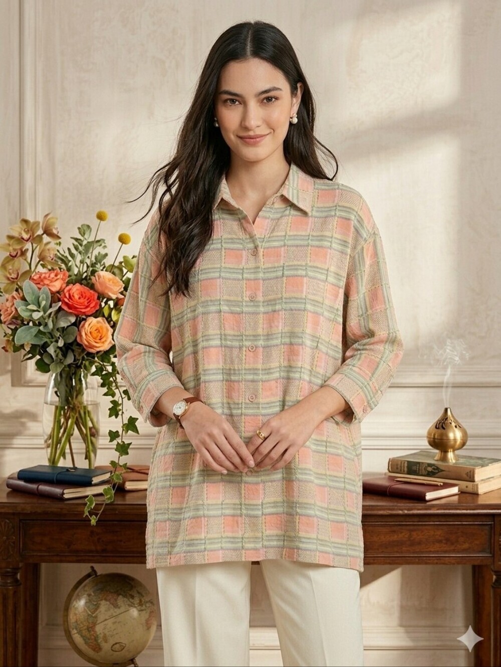 💕ST. JOHN💕 SP24 Plaid Print 3/4 Sleeve Blouse Melon Medium M NWOT